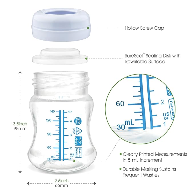 Maymom Wide-Mouth Milk Storage Collection Bottle with Dome Cap, Bottle Top, SureSeal Sealing Disk; Can Replace Spectra S1 S2 Bottles, 5 pc (4.7Oz/140mL)