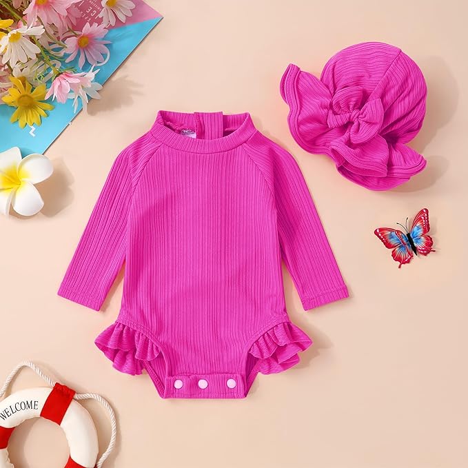 YOUNGER TREE Infant Baby Girls Swimsuit Long Sleeve Swimsuits One Piece Swimsuit Solid Color Bathing Suit with Hat, UPF 50+