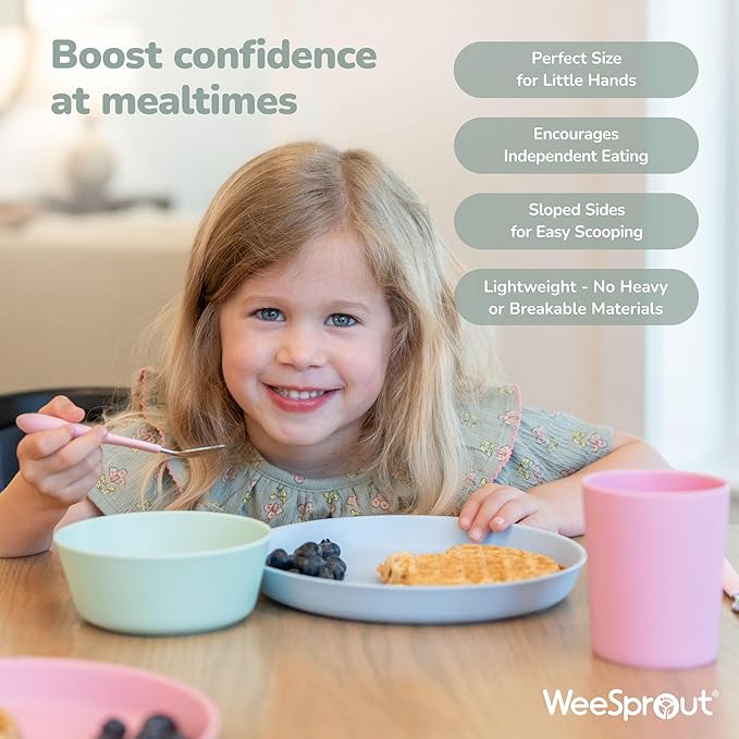 WeeSprout Bamboo Plates with Silicone Lids, Set of 4, Kid-Sized Dinnerware, Cereal, Leftovers & Snacks, Dishwasher Safe Melamine Dishware (Blue, Green, Gray, & Beige)