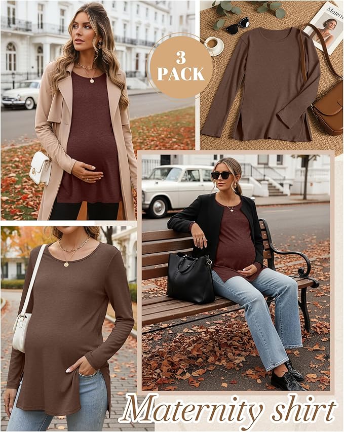 Riyiper 3 Pack Women's Maternity Long Sleeve T-Shirts Round Neck Side Split Tops Loose Casual Pregnancy Mama Clothes Fall