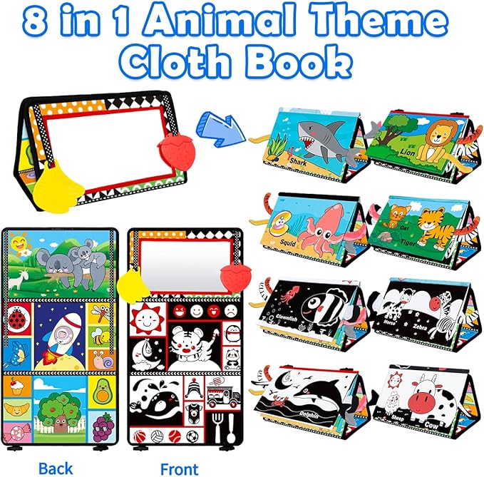 Baby Toys 0-6 Months - Tummy Time Toy Baby Mirror Infant Toys with Cloth Book - Black and White High Contrast Baby Toy for Newborn - Montessori Sensory Toy 0 2 3 4 5 6-12 Months Boy Girl Shower Gifts