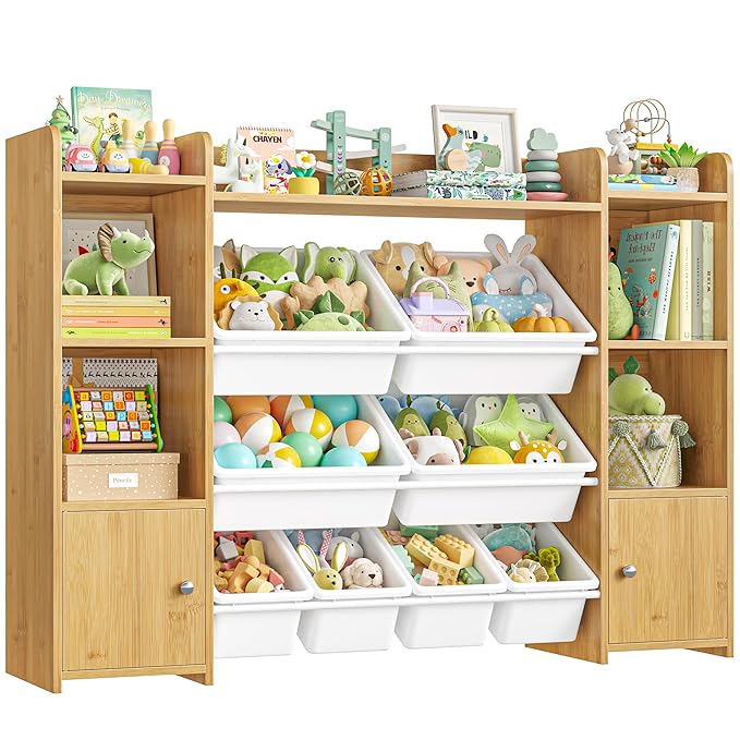FOTOSOK 55''Large Toy Storage Organizer with 8 Toy Bins, Toy Organizers and Storage with Shelf and 6 Storage Cubbies, Bookshelf for Kids, Playroom Organization and Storage Bins, Natural