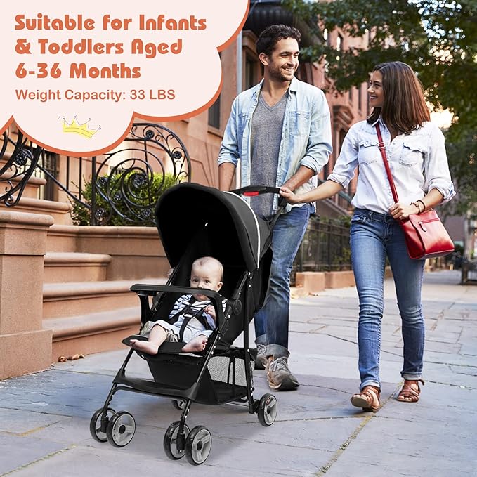HONEY JOY Travel Stroller, Quick Fold Lightweight Baby Umbrella Stroller for Airplane, Adjustable Canopy & Backrest, Storage Basket, Removable Meal Tray, Compact Stroller Newborn and Toddler(Black)