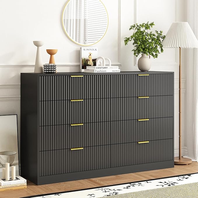 8 Drawer Dresser for Bedroom, Modern Fluted Double Dresser, 55" Wide Chest of Dressers, Wooden Beside Table for Closet, Living Room and Entryway, Black