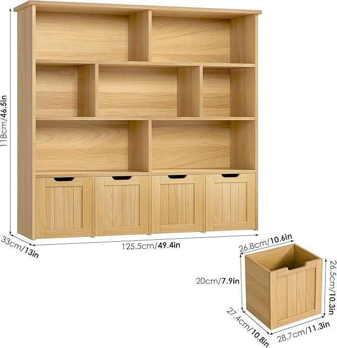 FINETONES Toy Storage Organizer, Kids Bookshelf with 4 Movable Chests and 7 Storage Cubes, Toy Chest Storage Shelf Organizer with Hidden Wheels, Toy Organizers and Toy Storage, Natural