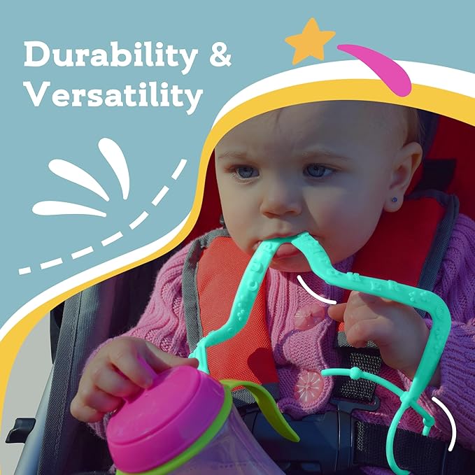 Brilli Baby Cup Catcher Patented Safety Tether Strap, Attach Sippy Cups, Bottles, Pacifiers & More to Stroller, High Chair, Car Seat, Made in USA, Food Grade, Dishwasher Safe (Pink & Lime)