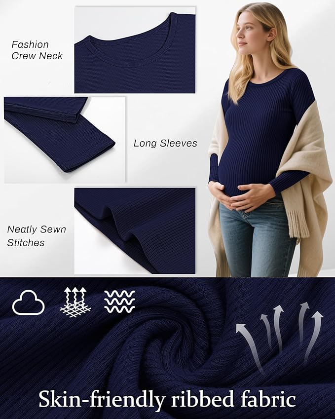 Riyiper 3 Pack Women's Maternity Shirts Long Sleeve Ribbed Knit Pregnancy Tees Cotton Crewneck Tunic Clothes Casual Fall Tops