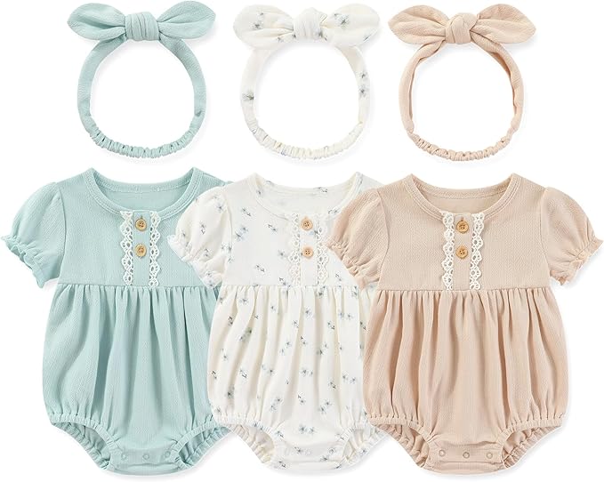 Newborn Baby Girl Clothes Cotton Bubble Romper Floral Short Sleeve Bodysuit 3 Pack
