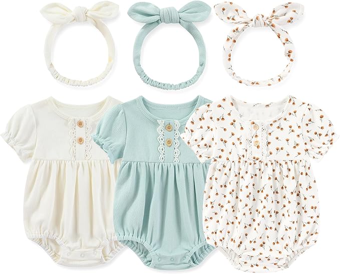 Newborn Baby Girl Clothes Cotton Bubble Romper Floral Short Sleeve Bodysuit 3 Pack