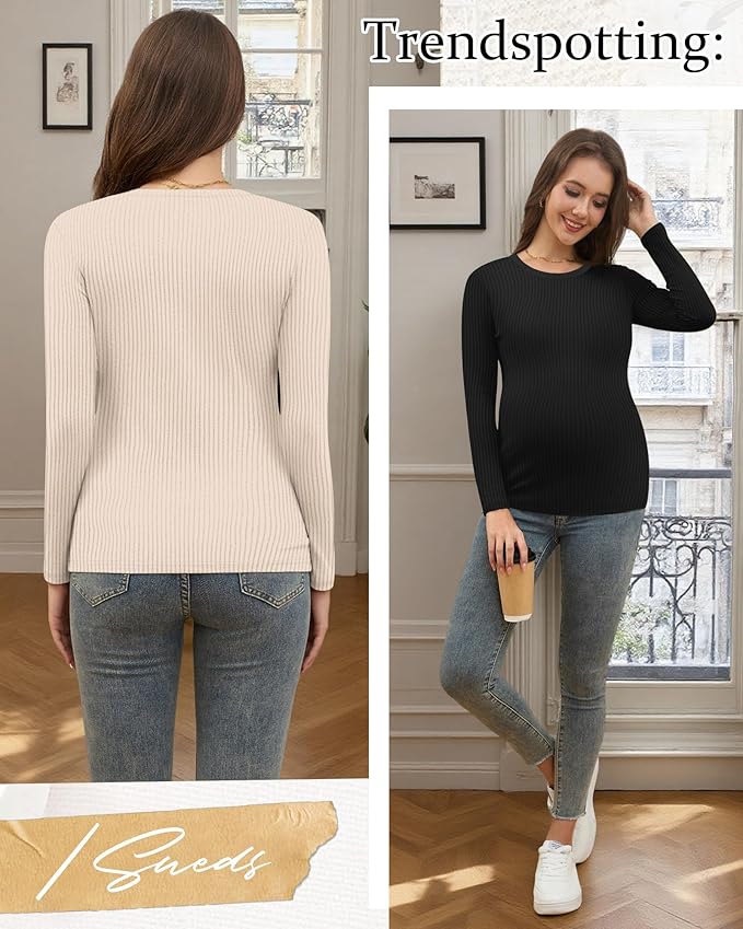 Riyiper 3 Pack Women's Maternity Shirts Long Sleeve Ribbed Knit Pregnancy Tees Cotton Crewneck Tunic Clothes Casual Fall Tops