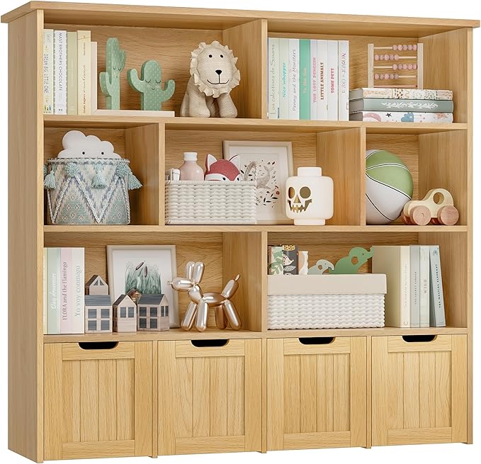 FINETONES Toy Storage Organizer, Kids Bookshelf with 4 Movable Chests and 7 Storage Cubes, Toy Chest Storage Shelf Organizer with Hidden Wheels, Toy Organizers and Toy Storage, Natural