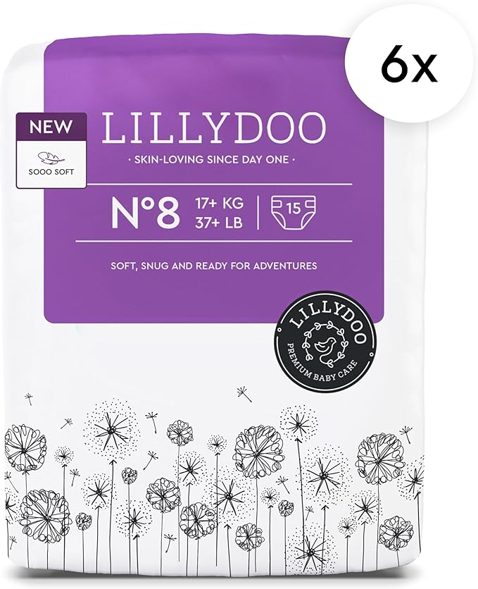 LILLYDOO Baby Diapers - Size 8 (37+ lbs), Monthly Supply (90 Count), Leak Protection, Skin-Friendly, Ultrasoft, Perfume- & Chlorine-Free, Hypoallergenic, Dermatologist Tested, Oeko-TEX®