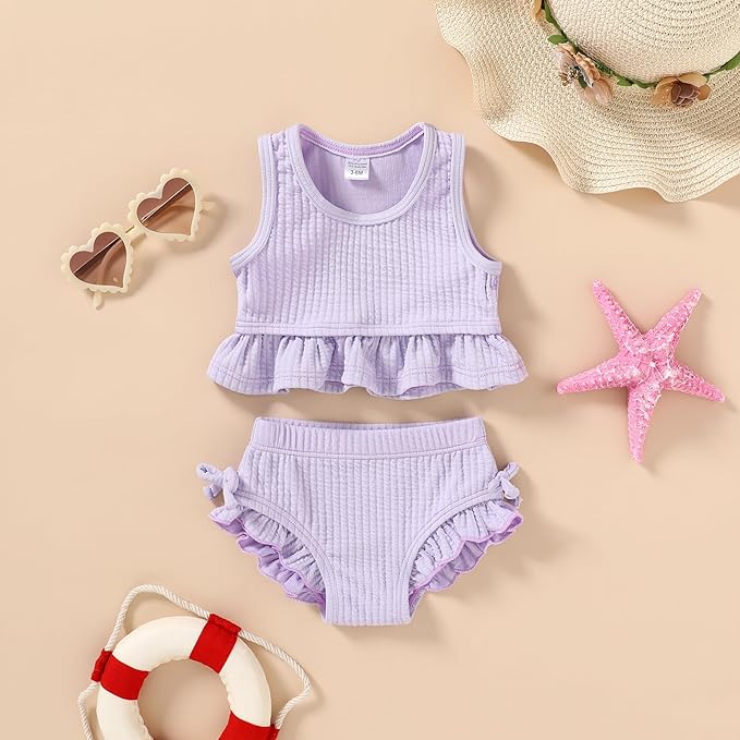 HAPPYMA Baby Swimsuit Toddler Girl Bathing Suit Summer Solid Color Bikini Set Beach Two Piece Swim Wear