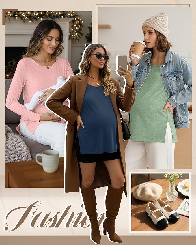 Riyiper 3 Pack Women's Maternity Long Sleeve T-Shirts Round Neck Side Split Tops Loose Casual Pregnancy Mama Clothes Fall