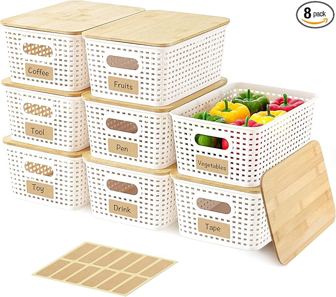 8 Pack Plastic Storage Bins with Bamboo Lids - Stackable Storage Baskets with Handle for Pantry Organizer and Storage, Plastic Containers Bins for Kitchen Bathroom Classroom Office Shelves