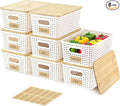 8 Pack Plastic Storage Bins with Bamboo Lids - Stackable Storage Baskets with Handle for Pantry Organizer and Storage, Plastic Containers Bins for Kitchen Bathroom Classroom Office Shelves