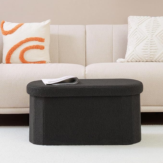 B FSOBEIIALEO Ottoman with Storage for Living Room, Sherpa Folding Storage Ottoman Foot Rest, 30 Inches Collapsible Bedroom Bench Dark Grey