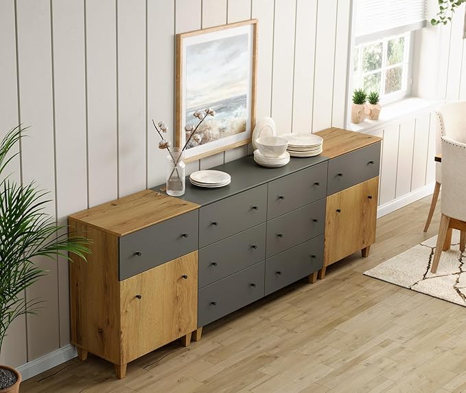 WMAPAT 8 Drawers Dresser Chests for Bedroom, 3-in-1 Modern Wood Closet Storage Organizer Furniture with Doors and Adjustable Shelves for Kids Room, Nursery, Dark Gray&Oak Brown, 94.4" Wide