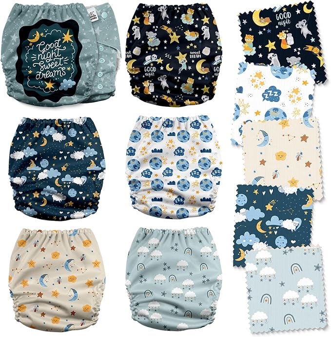 Mama Koala 3.0 Cloth Diapers for Babies with AWJ Lining, 6 Pack with 6 Natural Cloth Diaper Inserts - Reusable and Washable Pocket Diapers (Clear Night)