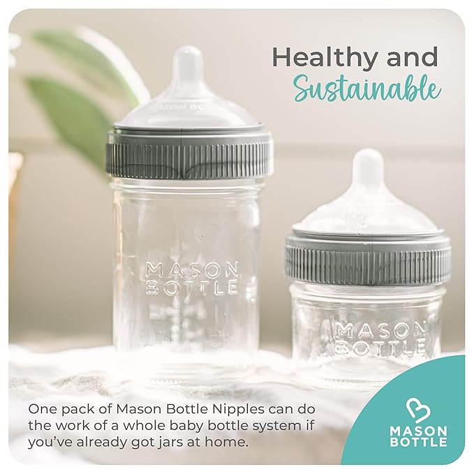 Mason Bottle Flexible Flow Nipples (6+ Months) – Silicone Baby Bottle Nipples, Fits Any Regular-Mouth Mason Jars – Wide Natural Shape, BPA-Free, Non-Toxic, Made in USA (2-Pack)