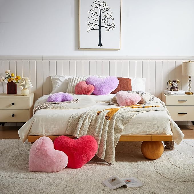 EastTree Heart Pillows, Purple Heart Shaped Pillows, Love Throw Pillows Gifts, Ultra Soft Faux Rabbit Fur Small Cute Pillows, Women Girls Kid Room Decor 10x13 Inch