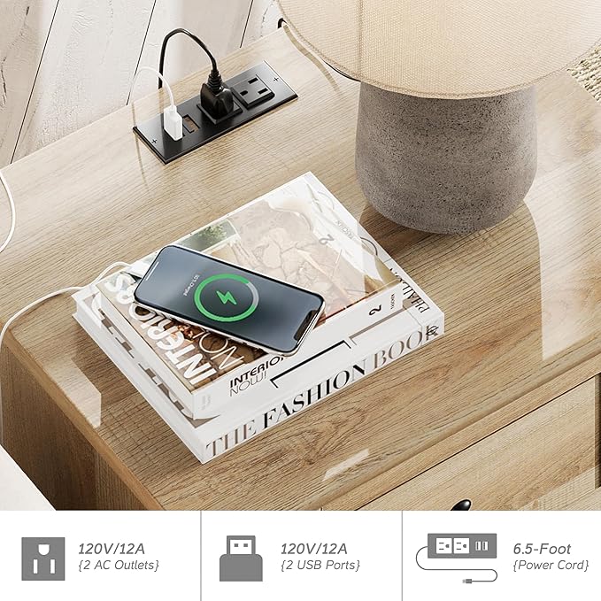 WAMPAT Dresser with Wide Chest of Drawers for Bedroom, End Table with Charging Station for Living Room, Mid Century Modern Kids Dressers for Nursery with 5 Drawers and 2 Storage Cabinet, Oak