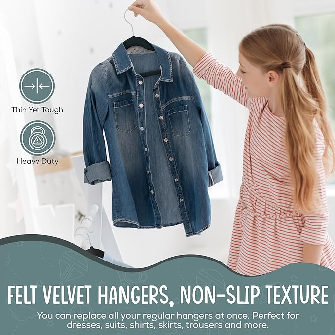 50 Premium Kids Velvet Hangers - 14" Non-Slip Clothes Hangers for Kids & Preteens - Ultra Slim, Space-Saving, Strong & Durable Hangers with 360° Swivel Hook - Black