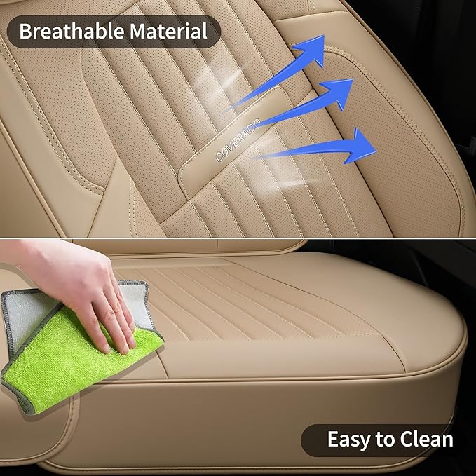 Coverado Front and Back Seat Covers for Cars, Nappa Leather Car Seat Covers, Automotive Seat Covers for Trucks, 5 Seats Waterproof Carseat Protector Car Seat Cover Beige, Universal Fit for Most Cars