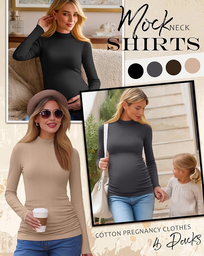 4 Packs Womens Maternity Shirts Long Sleeve Cotton Ribbed Pregnancy Mock Neck Side Ruched Workout Tops for Mama