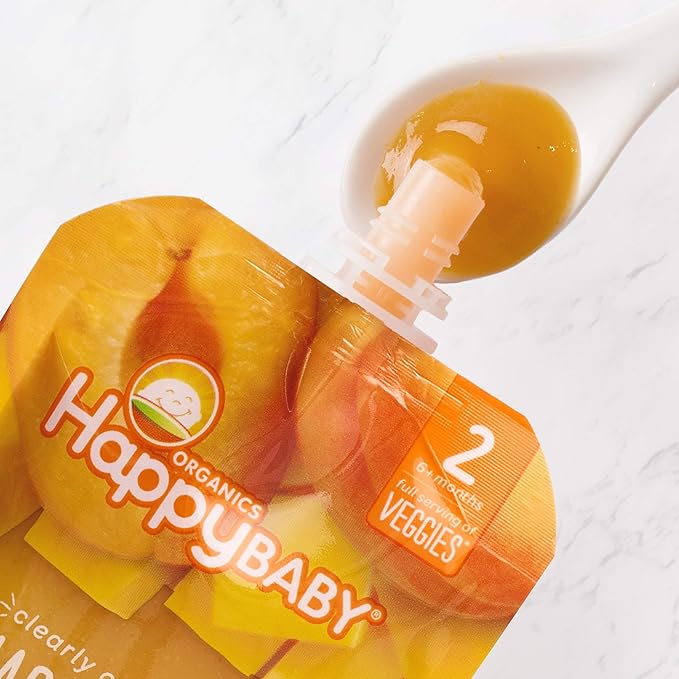 Happy Baby Organics Stage 2 Baby Food Pouches, Gluten Free, Vegan & Healthy Snack, Clearly Crafted Fruit Puree, Squash, Pears & Apricots, 4 Ounces (Pack of 16)