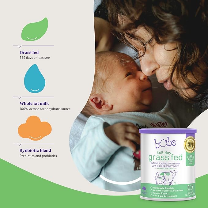 Bubs 365 Day Grass Fed Infant Formula with Iron, Cow Milk-Based Powder for Infants 0-12 Months, Made with Non-GMO Milk, 20 oz