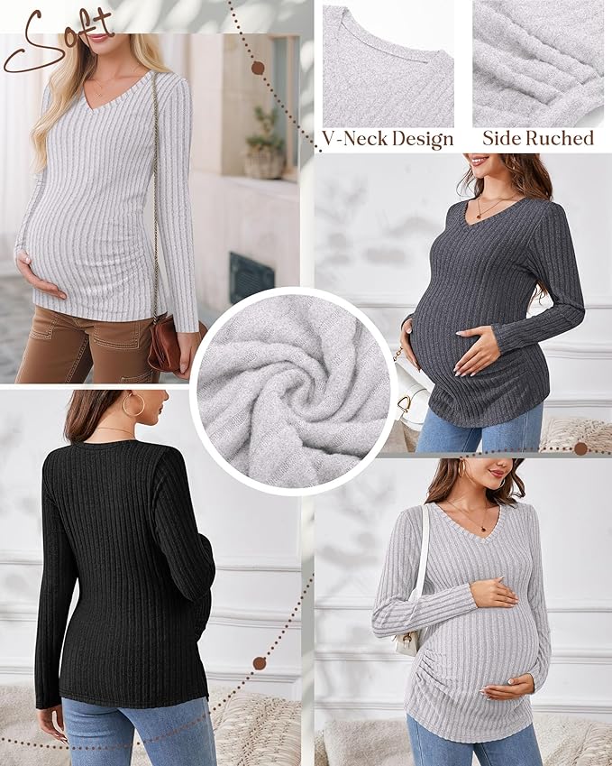 Ficerd 3 Pack Women's Maternity Shirts Ribbed Long Sleeve Pregnancy Tops V Neck Knit Side Ruched Pregnant Clothes Sweater