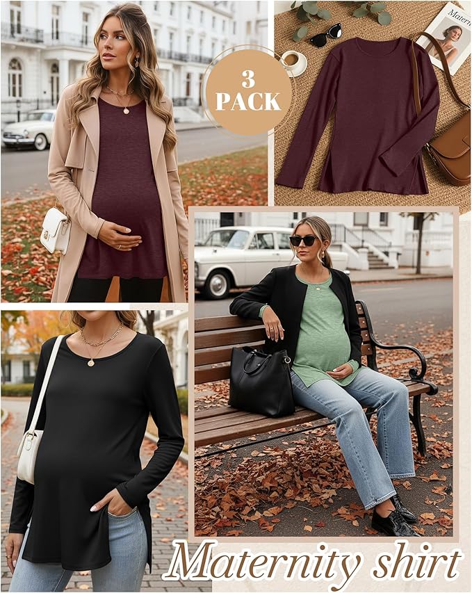 Riyiper 3 Pack Women's Maternity Long Sleeve T-Shirts Round Neck Side Split Tops Loose Casual Pregnancy Mama Clothes Fall