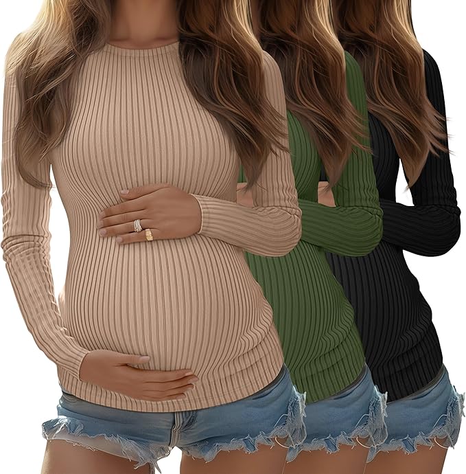 Riyiper 3 Pack Women's Maternity Shirts Long Sleeve Ribbed Knit Pregnancy Tees Cotton Crewneck Tunic Clothes Casual Fall Tops