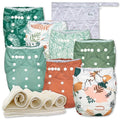 Nora's Nursery Cloth Diapers 7 Pack with 7 Inserts & 1 Wet Bag - Waterproof Cover, Washable, Reusable & One Size Adjustable Pocket Diapers for Newborns and Toddlers - Oasis