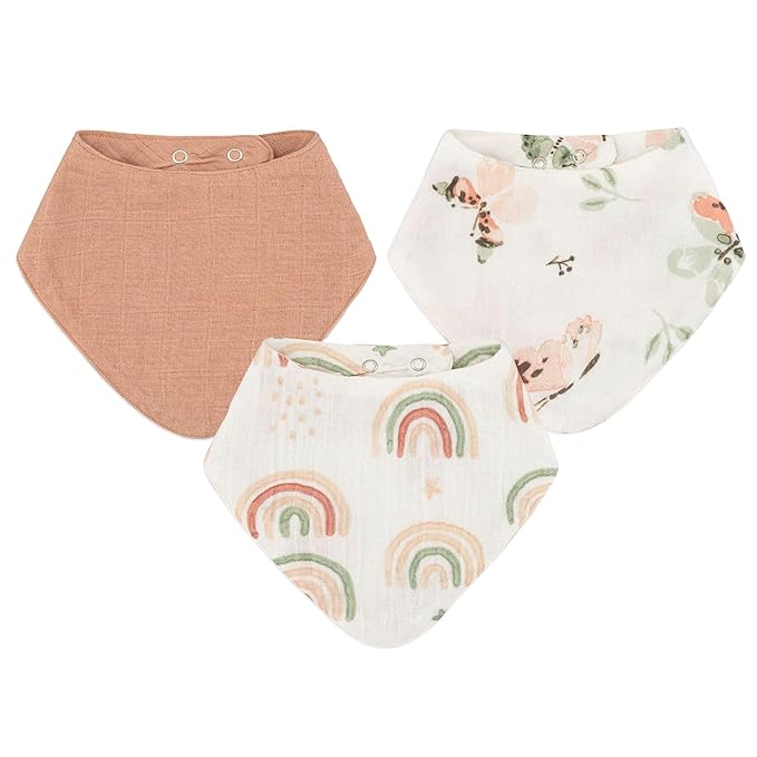 Crane 100% Cotton Baby Bib Set - Butterfly & Rainbow Muslin Bibs - Set of 3 Drool Bibs for Baby Boys or Girls - Newborn Eating Essentials
