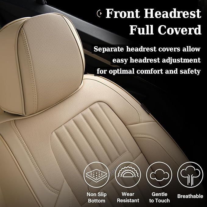 Coverado Front and Back Seat Covers for Cars, Nappa Leather Car Seat Covers, Automotive Seat Covers for Trucks, 5 Seats Waterproof Carseat Protector Car Seat Cover Beige, Universal Fit for Most Cars