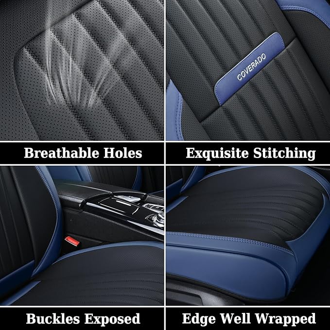 Coverado Car Seat Covers Front, Seat Covers for Cars, Waterproof Car Seat Cushions, 2-Pack Leather Carseat Seat Protectors, Universal Seat Covers Fit for Most Sedans SUV Pick-up Trucks(Blue&Black)