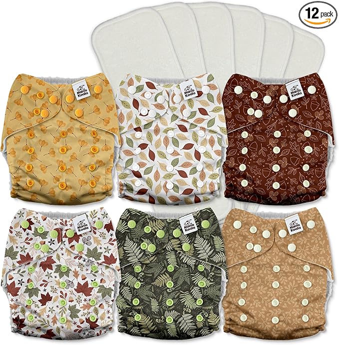 Mama Koala 3.0 Pocket Cloth Diapers for Babies with AWJ Lining, 6 Pack with 6 5-Layer Natural Cloth Diaper Inserts - Reusable and Washable Pocket Diapers(A-Falling Leaves)