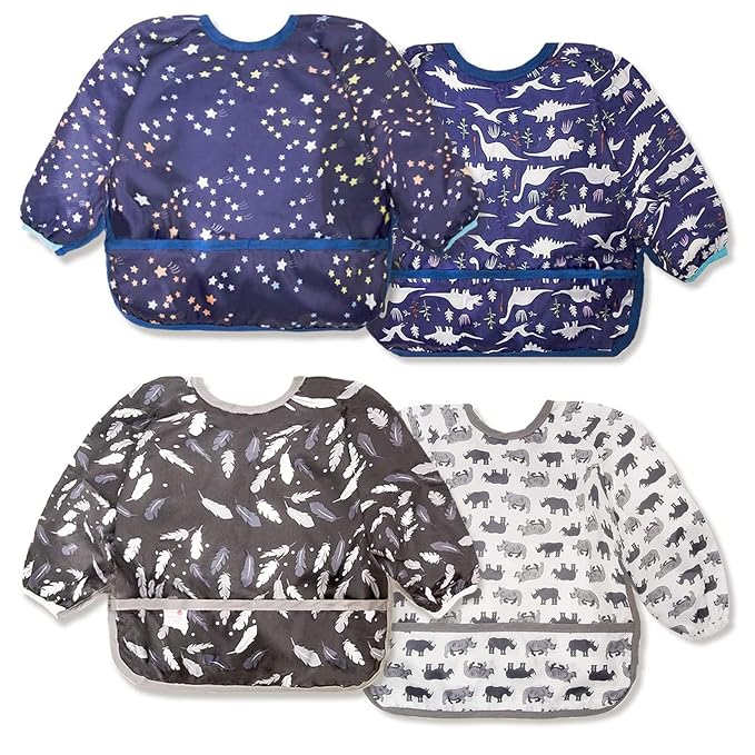 Joyo roy Mess Proof Baby Bibs for Eating Waterproof Toddler Bibs for Boys Soft Machine Washable Long Sleeve Bib 1-3 Years Travel Reusable Baby Smock Apron for Feeding Bib with Food Catcher