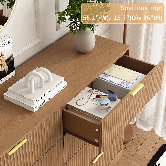 8 Drawer Dresser for Bedroom, Modern Fluted Double Dresser, 55" Wide Chest of Dressers, Mid Century Wooden Beside Table for Closet, Living Room and Entryway, Natural