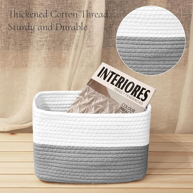 Hopegiver 3 Pack Storage Baskets for Organizing with Handle, Woven Baskets for Shelves - Durable Gift Basket for Cloth Toys Books Baby, Cotton Rope Basket for Dog Cat, 11x8x7 Inch(White&Gray)