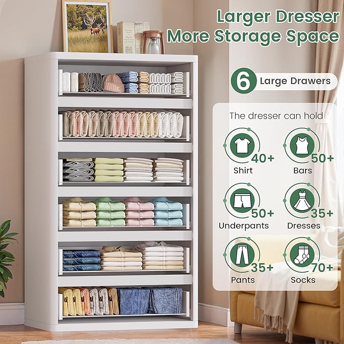 56" Tall Dresser for Bedroom, White Fluted Dresser with 6 Deep Drawers, Modern Chest of Drawers with Curved Profile, Handleless, Wooden Drawer Organizer for Living Room, Hallway, Closet