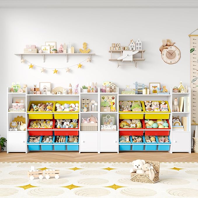 FOTOSOK 55''Large Toy Storage Organizer with 8 Toy Bins, Toy Organizers and Storage with Shelf and 6 Storage Cubbies, Bookshelf, Playroom Organization and Storage Bins, White/Red