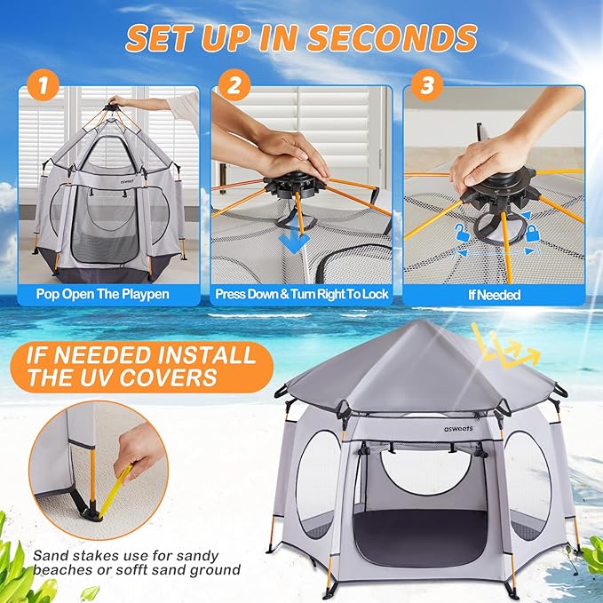 Asweets 4 in 1 Pop Up Playpen Indoor and Outdoor Portable, Lightweight Baby Playpen with Travel Bag,Baby Beach Tent and Play Toddler Play Yard Canopy