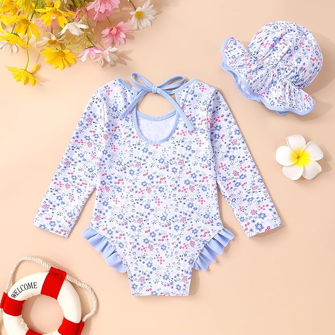 YOUNGER TREE Infant Baby Girls Swimsuit Long Sleeve Swimsuits One Piece Swimsuit Solid Color Bathing Suit with Hat, UPF 50+
