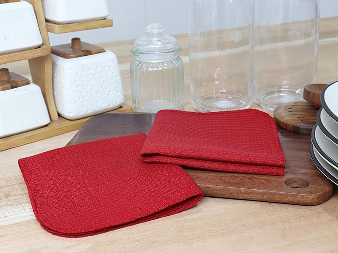 PurpleEssences Dish Cloths and Dish Rags - 8 Pack Waffle Weave Solid Kitchen Dish Wash Cloths, 100% Cotton, 12 x 12 Inches, Ultra Soft Absorbent Quick Drying Fall Thanksgiving - Red