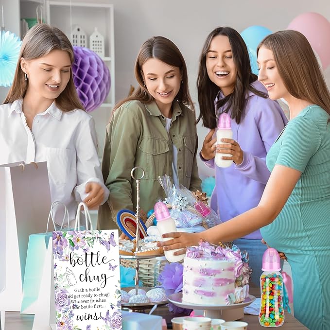 TrelaCo Cool Baby Shower Games Sets 12 Pcs Feeding Bottles with 1 Bottle Chug Sign for Gender Reveal Baby Shower Party Favors Decoration Games(Butterfly,Purple)