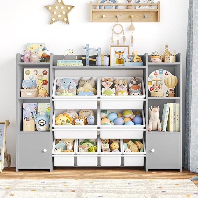 FOTOSOK 55''Large Toy Storage Organizer with 8 Toy Bins, Toy Organizers and Storage with Shelf and 6 Storage Cubbies, Bookshelf for Kids, Playroom Organization and Storage Bins, Grey