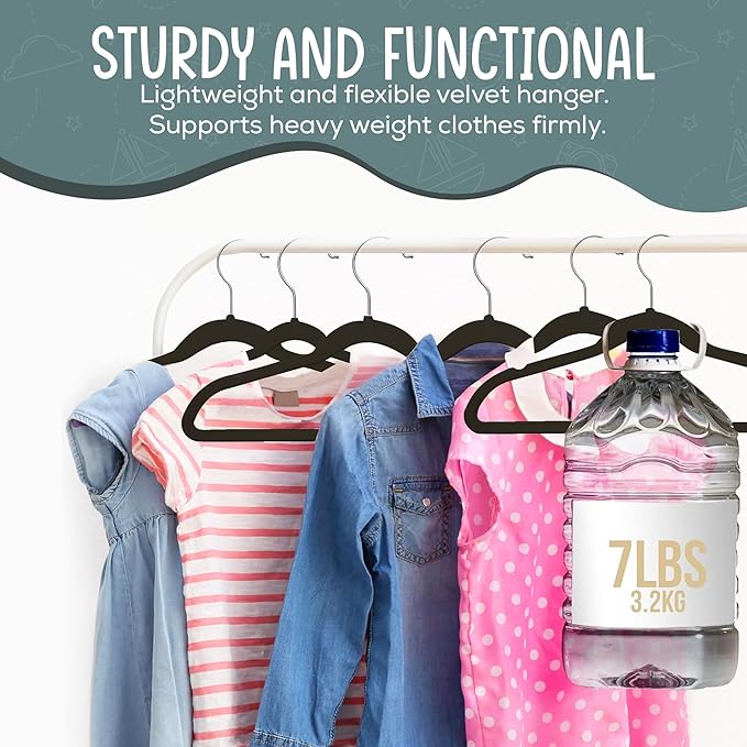50 Premium Kids Velvet Hangers - 14" Non-Slip Clothes Hangers for Kids & Preteens - Ultra Slim, Space-Saving, Strong & Durable Hangers with 360° Swivel Hook - Black